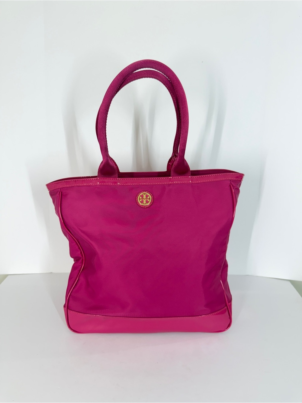 Tory Burch Womens Nylon Tote Bag Hot Pink Patent Trim Handbag Travel Work Casual